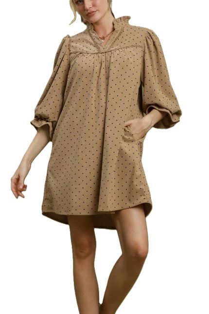Swiss Dot Ruffle Neck Babydoll Dress