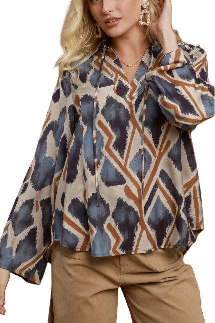 Abstract Ikat Print Tie-neck Blouse