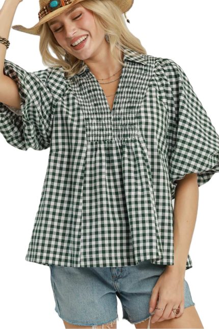 Gingham Smocked Yoke Puff Sleeve Blouse
