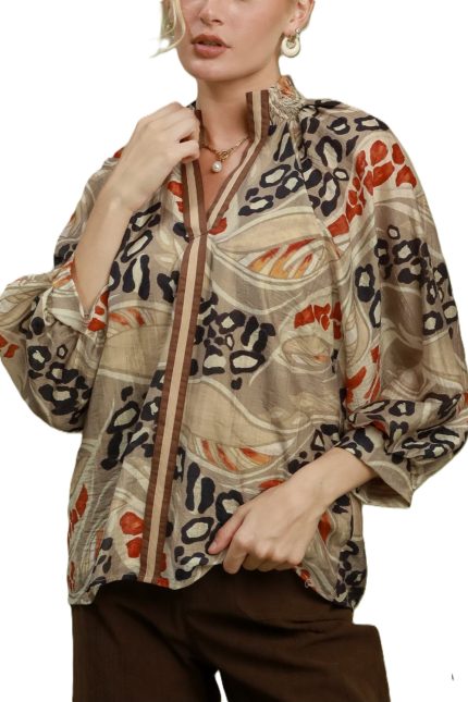 Abstract Print Split Neck Blouse