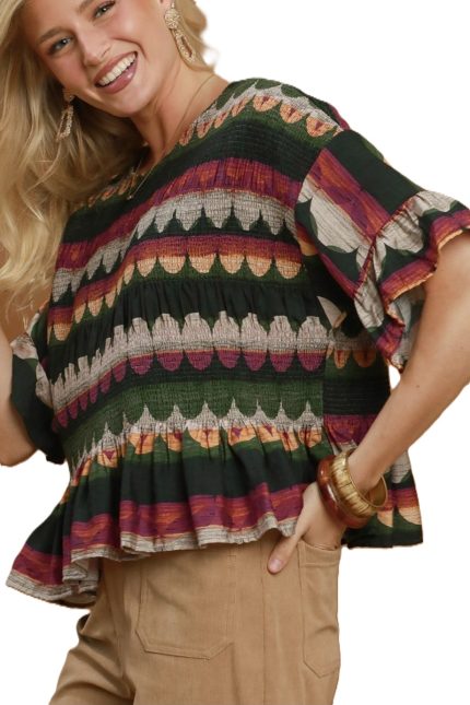 Smocked Abstract Print Peplum Top