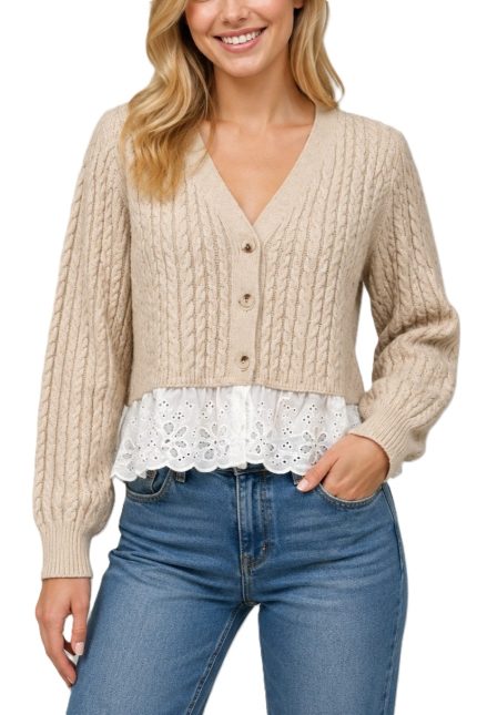 Lace Trimmed Cable Knit Cardigan