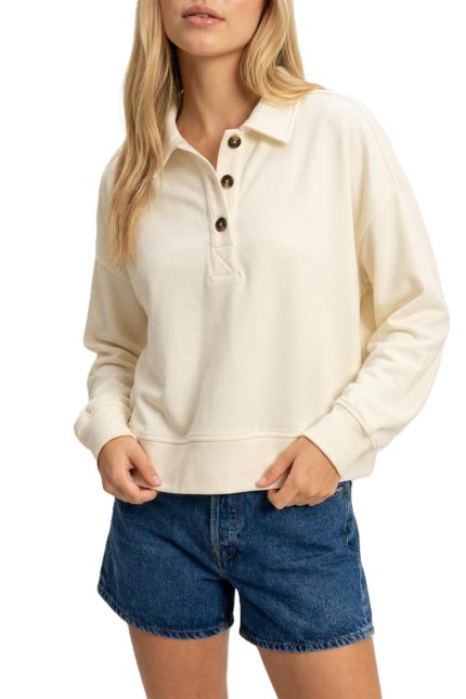 Washed Button-front Collared Sweatshirt