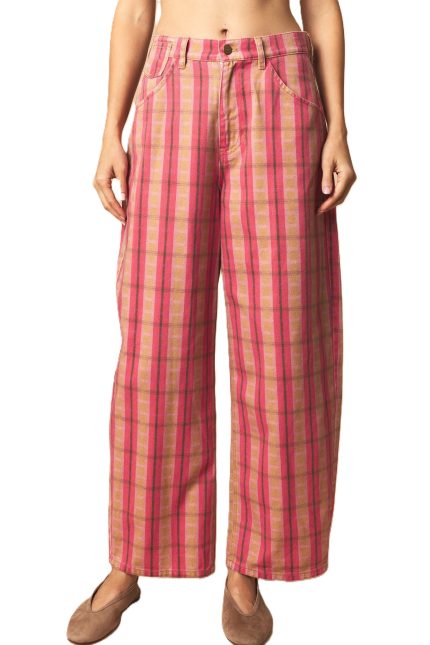 Plaid Printed Washed Barrel Pants