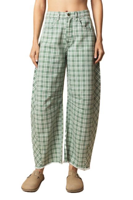 Plaid Printed Twill Barrel Pants