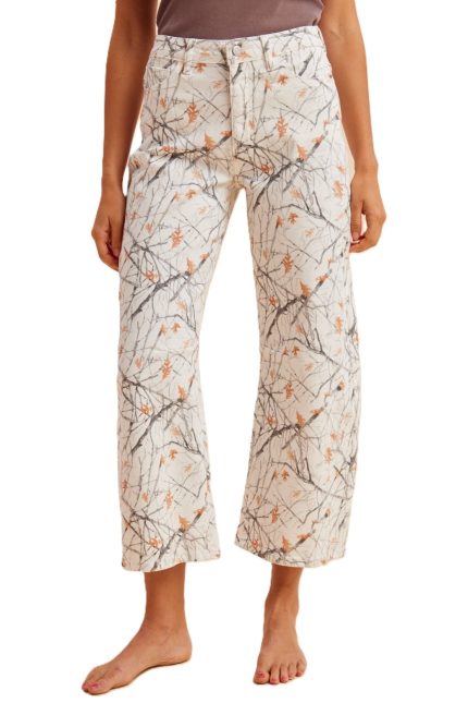 Tree Camouflage Print Barrel-leg Cropped Jeans