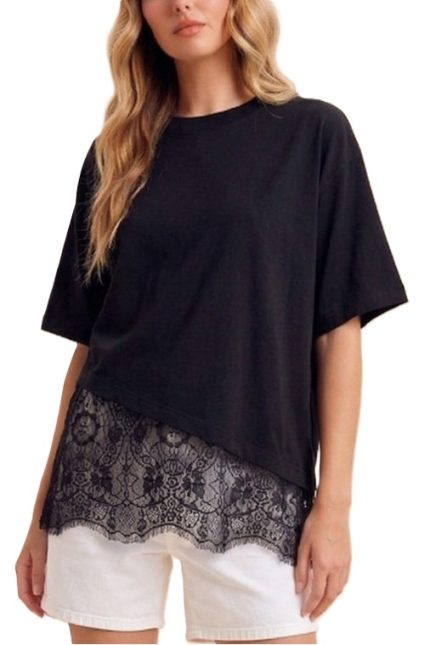 Floral Lace Trimmed Asymmetrical T-shirt