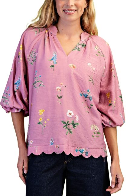 Floral Print Scalloped Edge V-neck Blouse