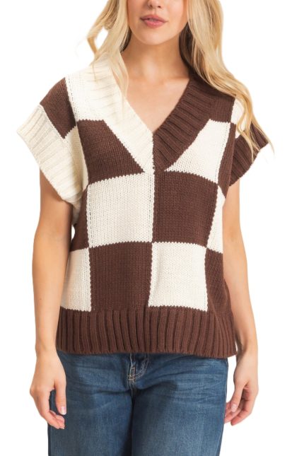 Ribbed V-neck Checkered Sweater Vest