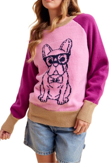 French Bulldog Intarsia Color Block Sweater