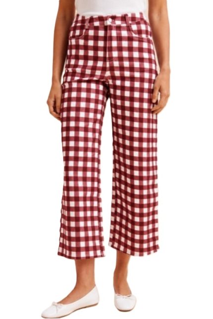 Comfort Stretch Gingham Check Wide- Leg Cropped Denim Pants