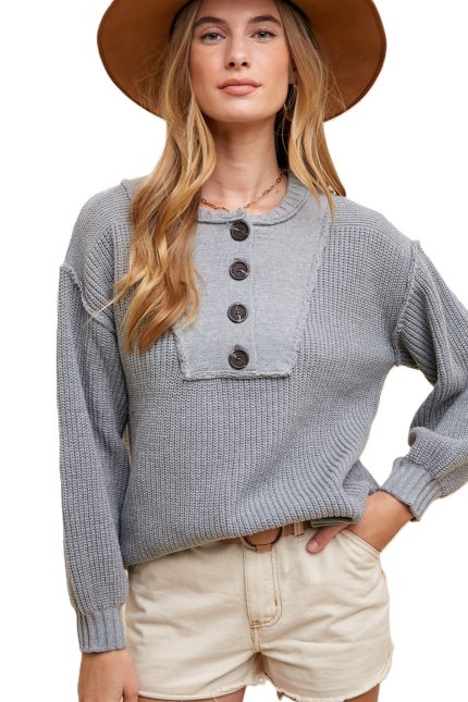 Button Up Henry Neck Rib Sweater Top