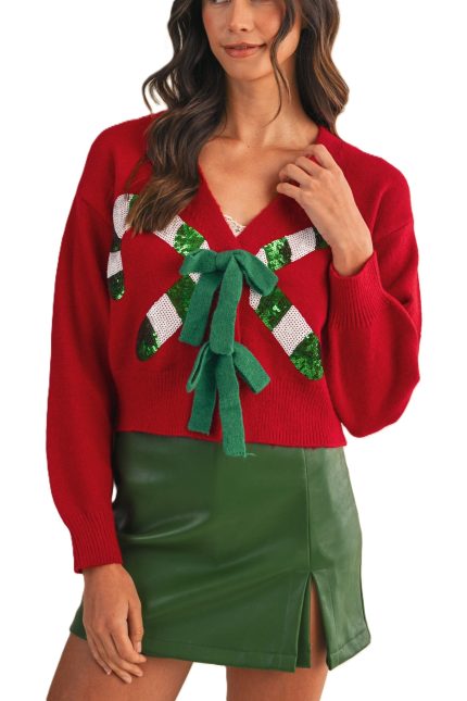 Candy Cane Sequin Patch Bow Sweater Cardigan