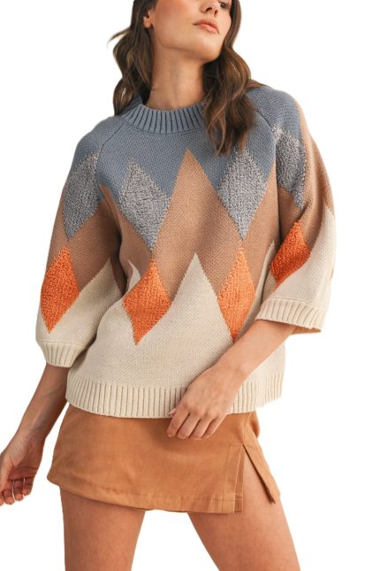 Fuzzy Textured Zig-zag Mock Neck Sweater Top