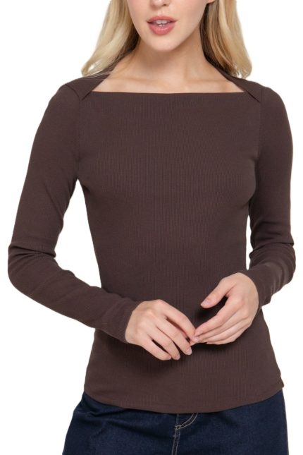 Long Slv Square Neck Rib Knit Top