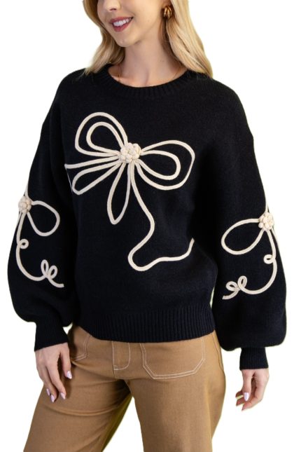 3d Bow Motif Long Sleeve Sweater