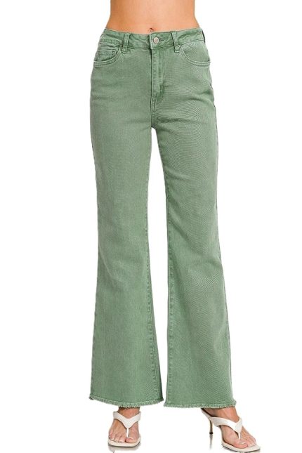 Plus Acid Washed Frayed Cutoff Hem Straight Wide Pants