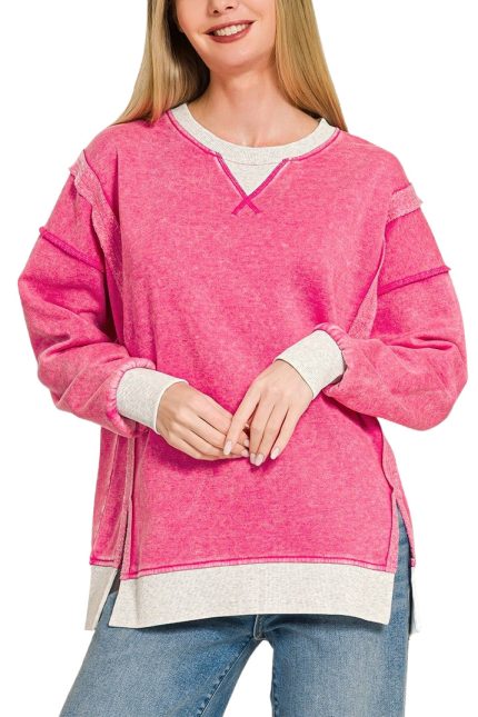 Fleece Acid Washed Contrast Trim Pullover
