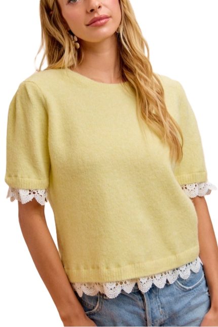 Solid Knit Puff Sleeves Top With Lace Hem