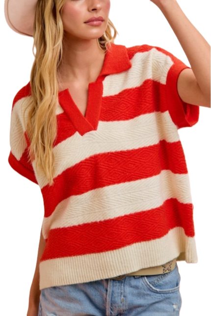 Textured Stripe V Neckline Relaxed Fit Knit Top