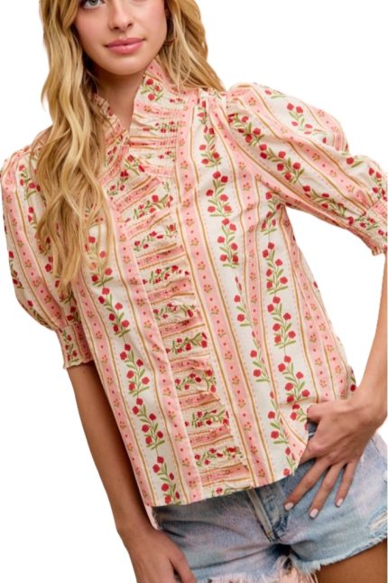 Floral Printed Ruffled Puff Sleeves Blouse Top