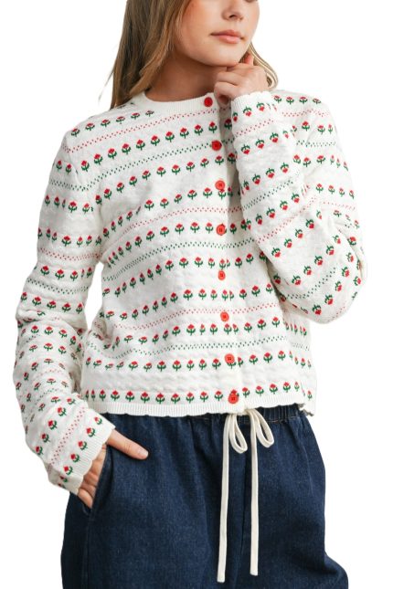 Navy Floral Button-front Cardigan
