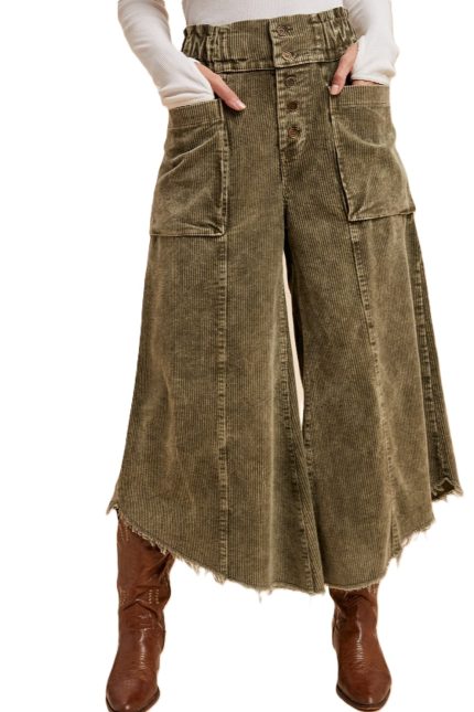 Mineral Wash Cropped Fray Hem Corduroy Wide Pants