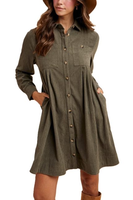 Corduroy Pintuck Detail Mini Shirt Dress