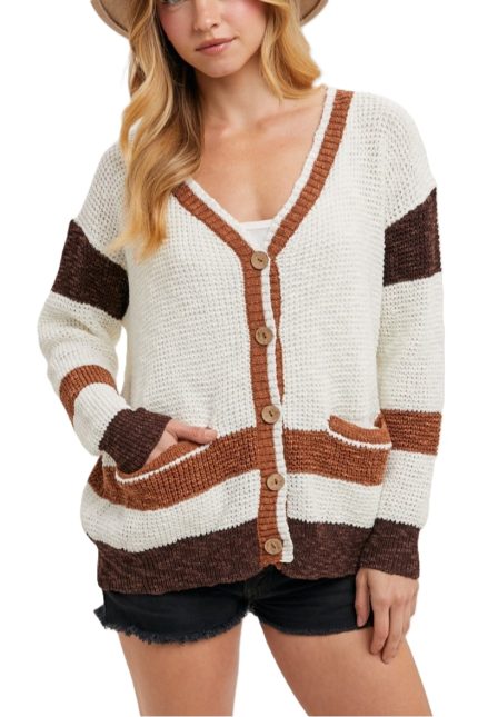 Color Block Button Down Knit Sweater Cardigan