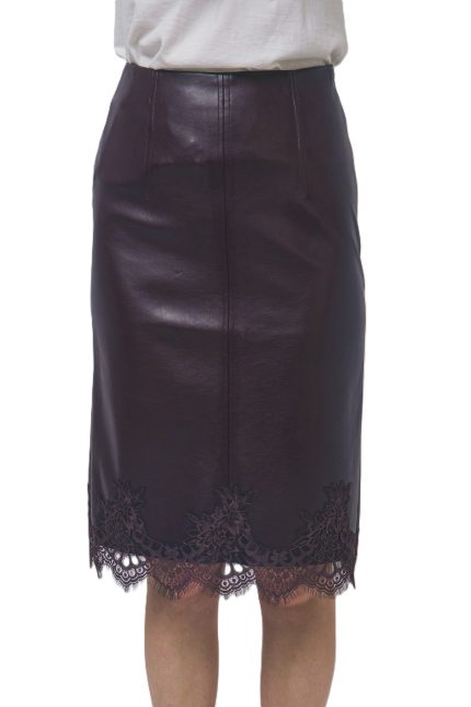 Lace Hem Lambskin Leather Pencil Skirt