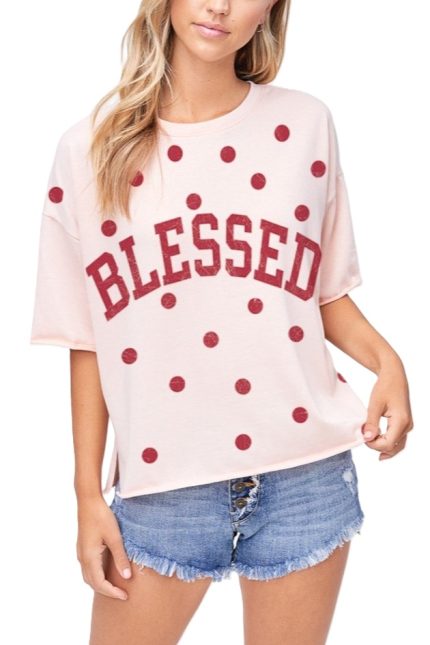 Blessed Print Side Slit Short Sleeve Top