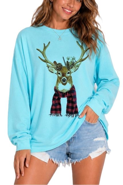 Christmas Reindeer Print Side Slit Long Sleeve Top