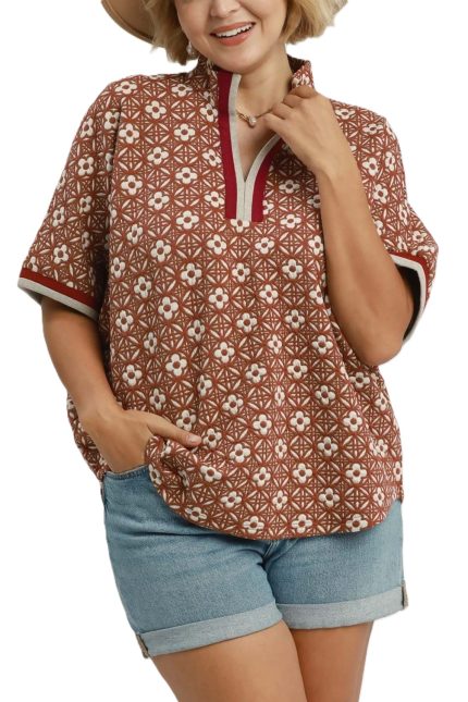 Plus Jacquard Floral Textured Contrast Trim Pullover Top
