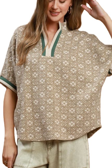 Jacquard Floral Textured Contrast Trim Pullover Top