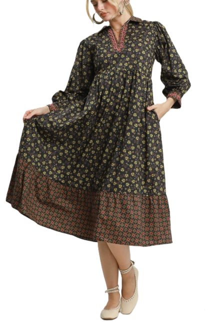 Floral Mix Media Print Midi Dress