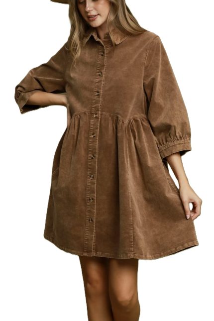 Mineral Wash Button Front Babydoll Shirt Dress