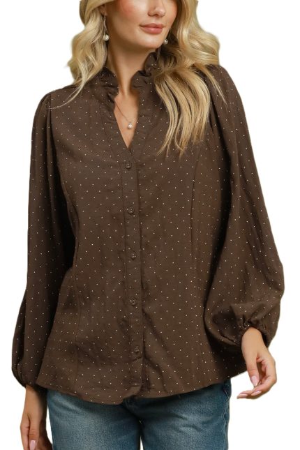 Swiss Dot Ruffle Collar Button-front Blouse