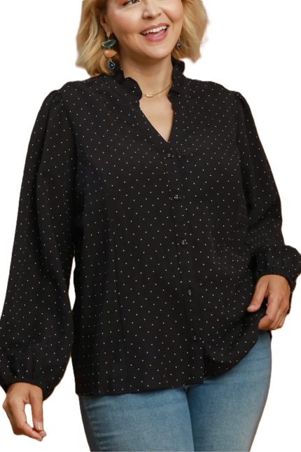 Plus Swiss Dot Ruffle Collar Button-front Blouse