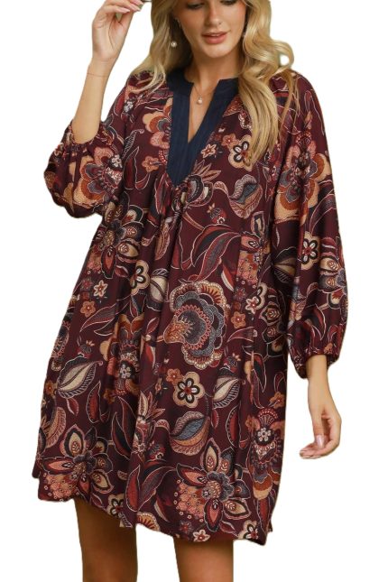 Floral Paisley Split Neck Mini Dress