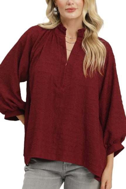 Textured Split Neck Balloon Sleeve Blouse