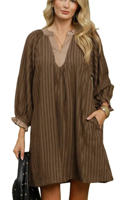 Textured Split Neck Mini Dress