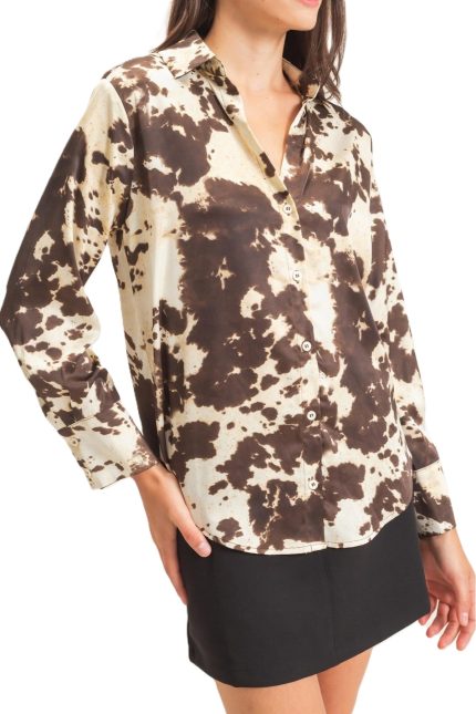 Satin Cow Print Button-up Shirt