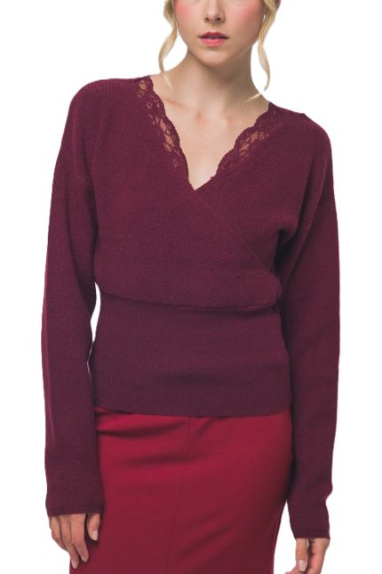Lace-trim Faux-wrap Knit Sweater