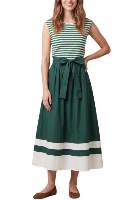 Striped Knit And Woven Combo Midi Dress