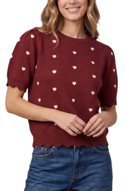 Heart Patterned Scallop Hem Sweater