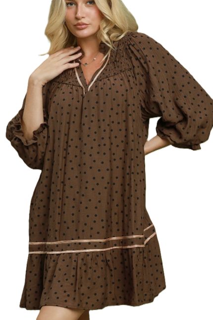 Smocked Polka Dot Ruffle Hem Mini Dress