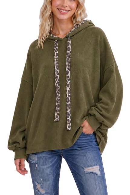 Leopard Trim Rib Knit Hoodie
