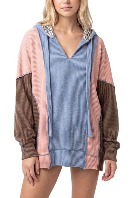 Color Block Rib Knit Leopard Contrast Hoodie