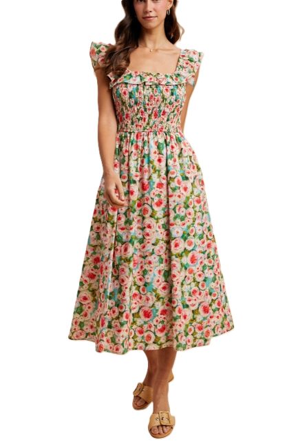 Floral Printed Ruffle Neck Smocked Midi Dress