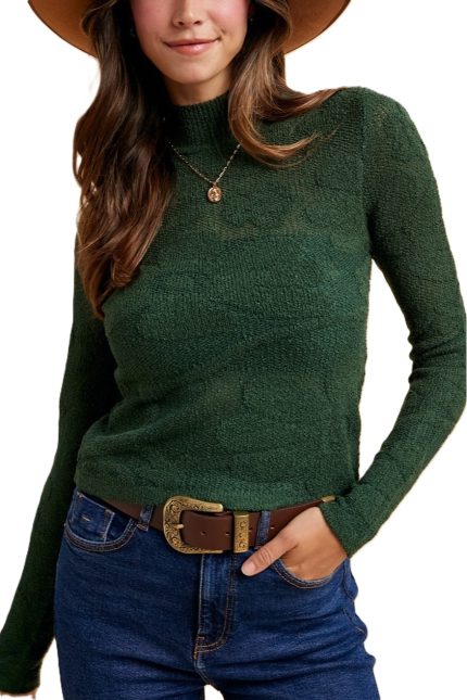 Floral Jacquard Textured Mock Neck Sweater Top